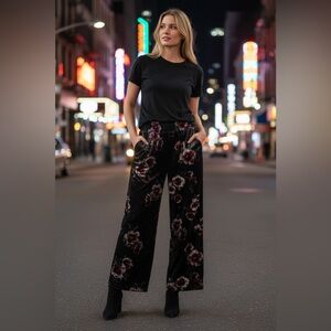 Y2K Indigo Rein Crushed Velvet Black Floral Pull-On Wide Leg Pants L Whimisgoth